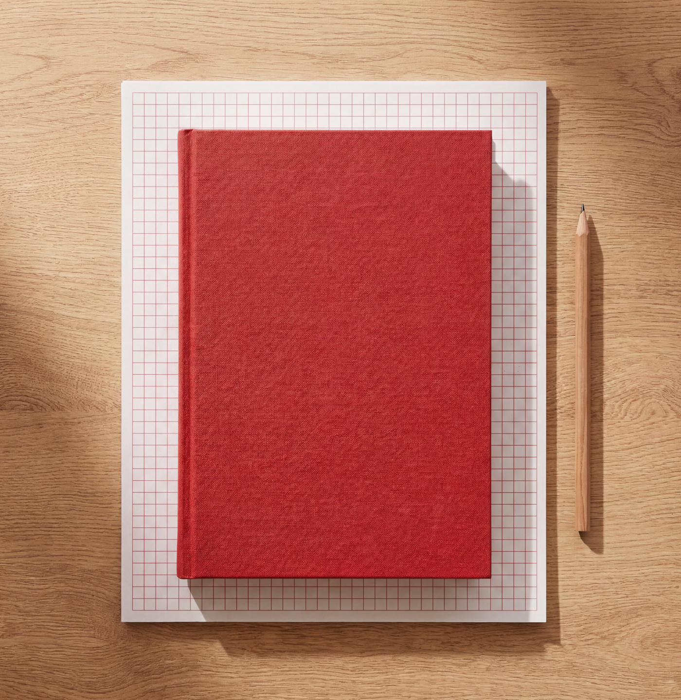 A red notebook on grid paper with a pencil, ready for bookkeeping and invoices