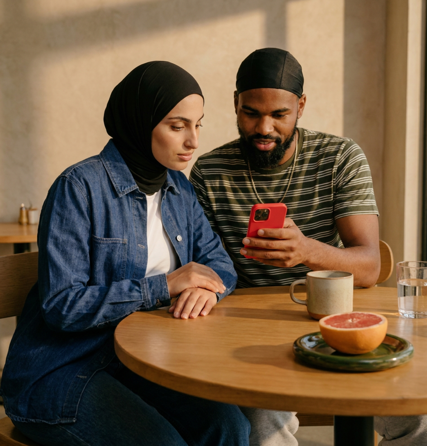A couple at a café reviewing their card settings together in the nsave app