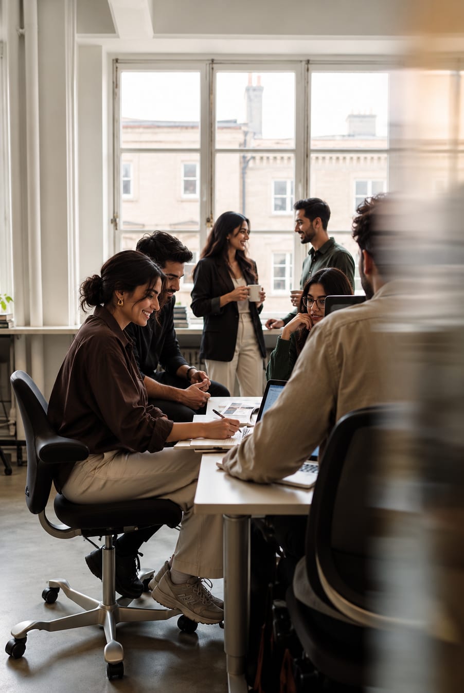 Agency team working together in a bright office