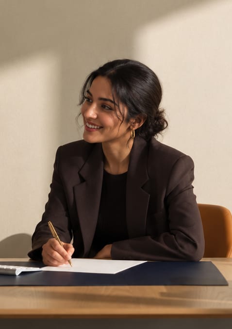 Marketer smiling while working at a desk