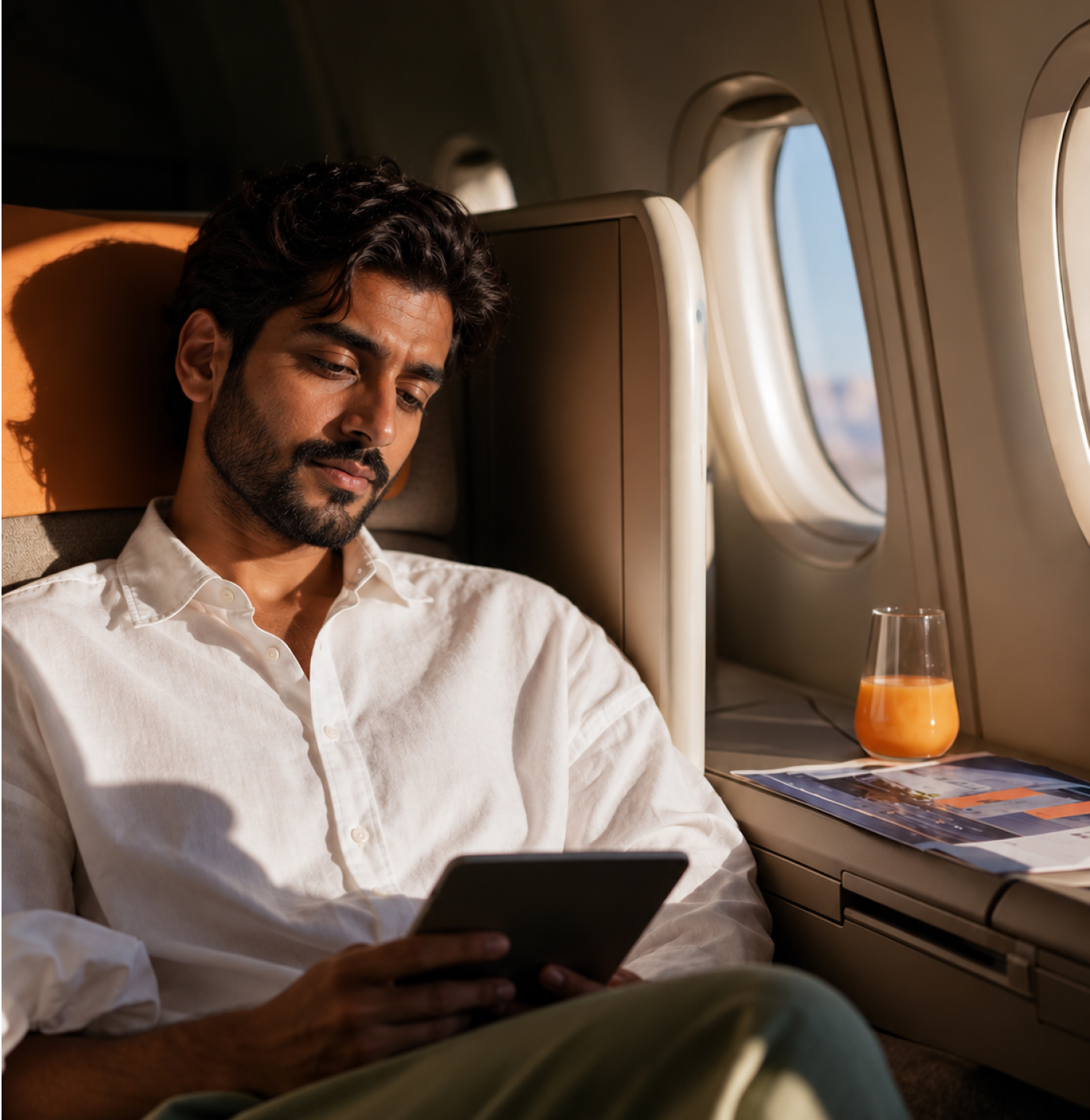 Traveller reading a tablet in a window seat on a plane