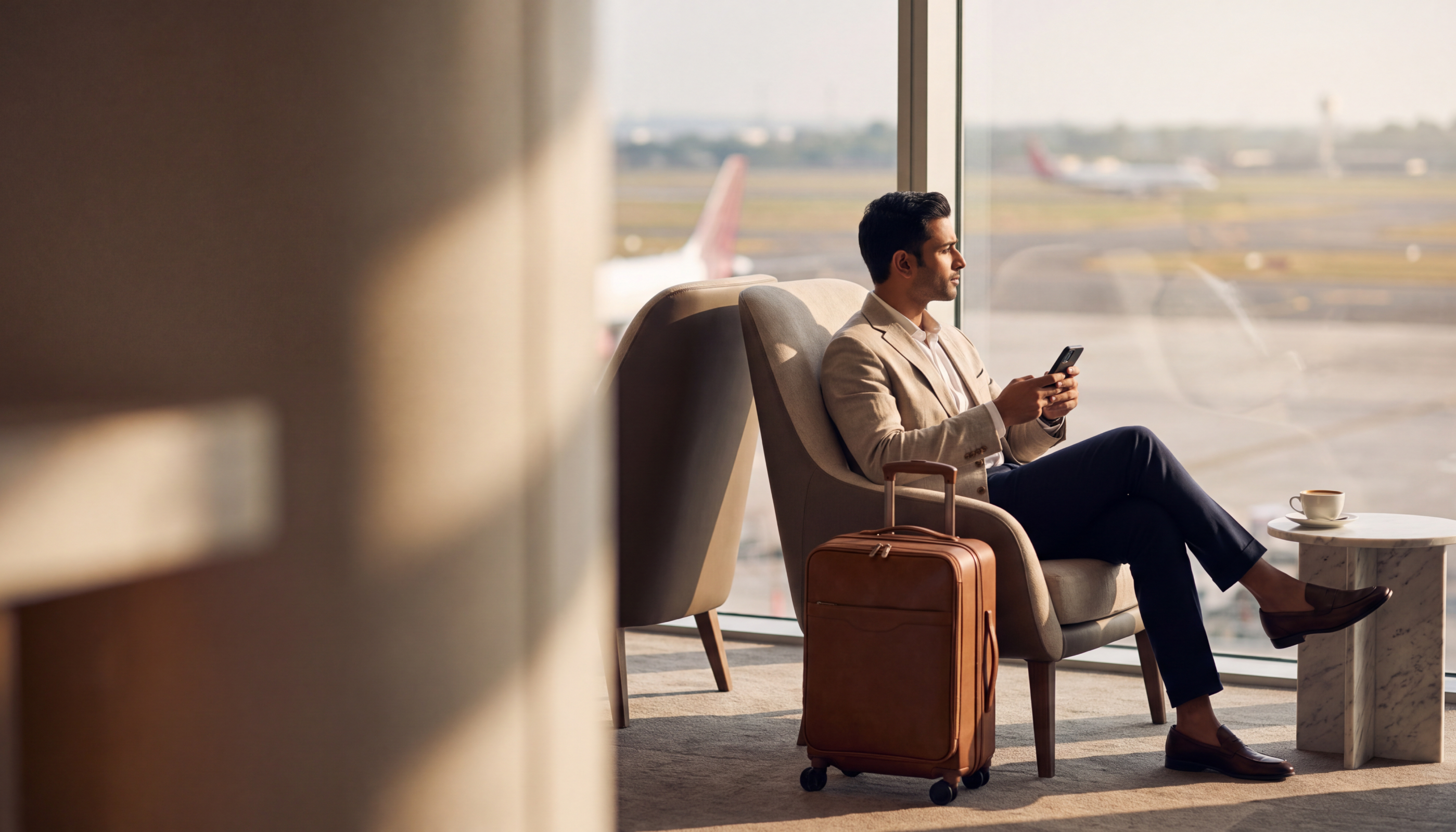 Traveller in an airport lounge checking a phone beside a tan leather suitcase